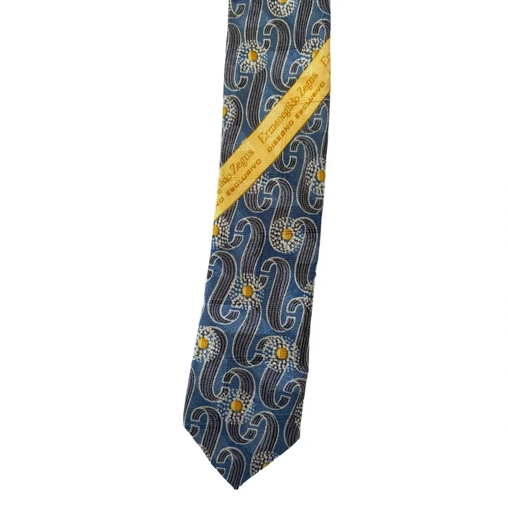 Ermenegildo Zegna Men's Tie 100% Silk Made in Italy Blue Gray Yellow 57